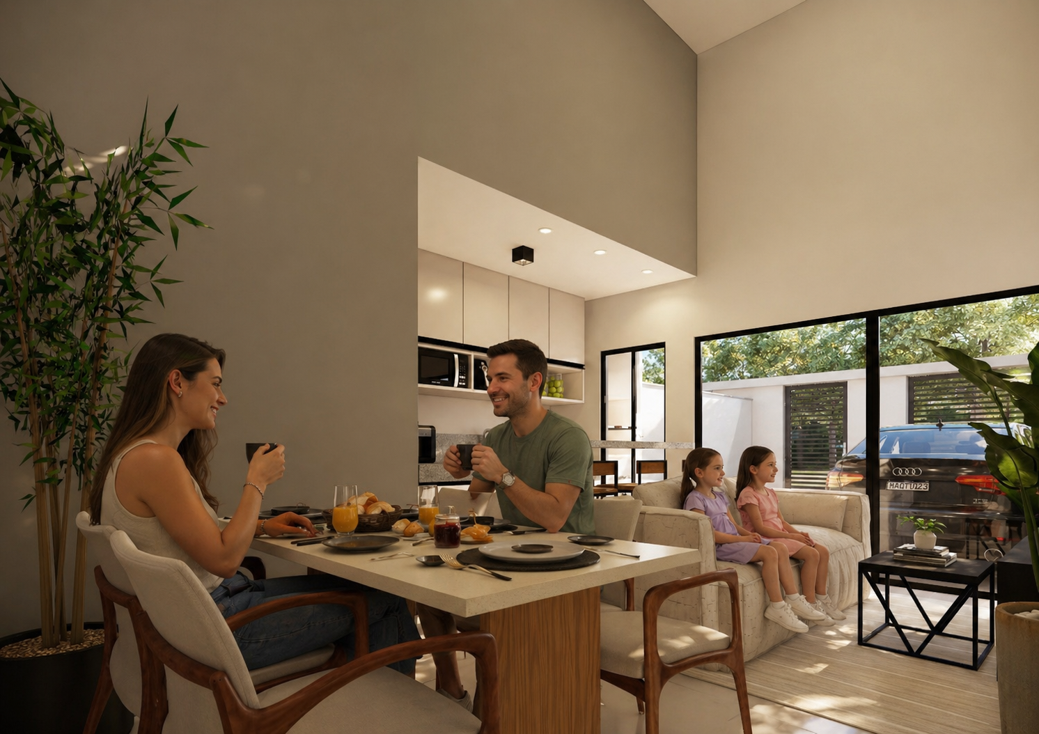 Sala com pé-direito alto e cozinha integrada